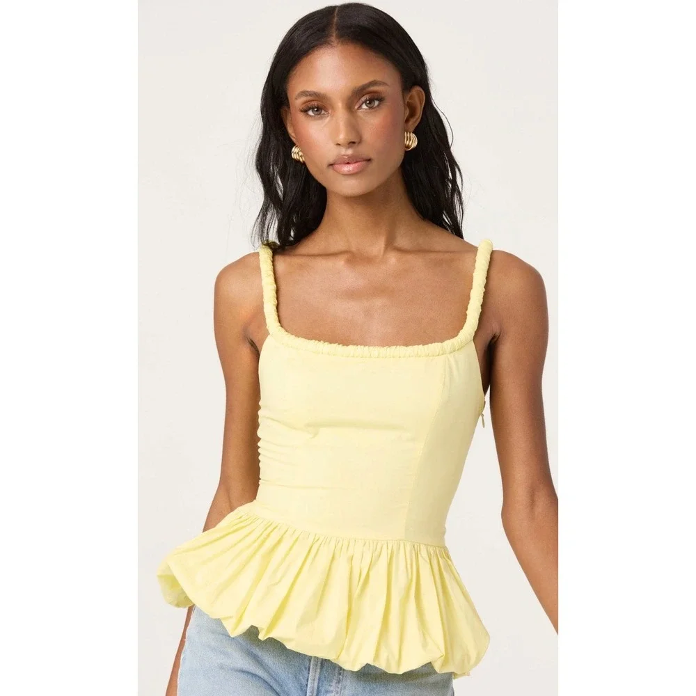 ASTR the Label Butter Yellow Bubble Hem Peplum Top Smocked Back NWT L - Picture 1 of 9